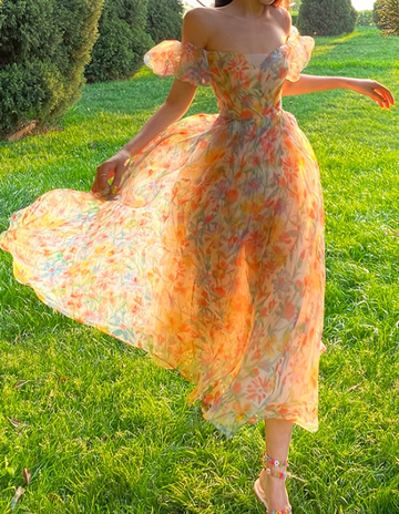 Unique Print Floral A Line Off the Shoulder Chiffon Long Prom Dress Party Dress HZ1023